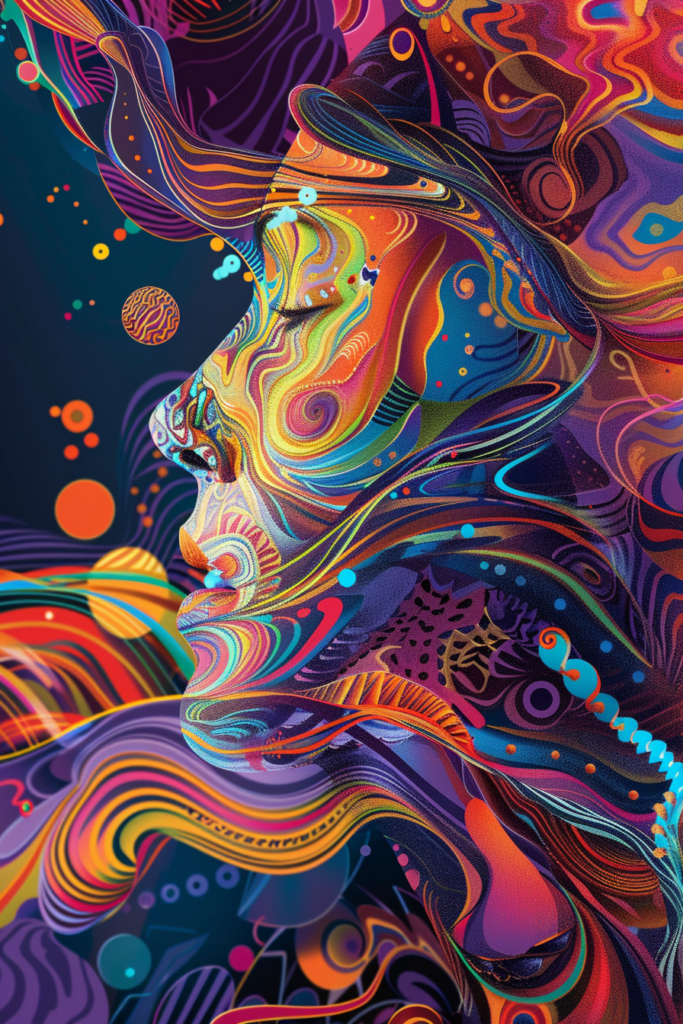 An abstract painting of a woman's face with colorful swirls.