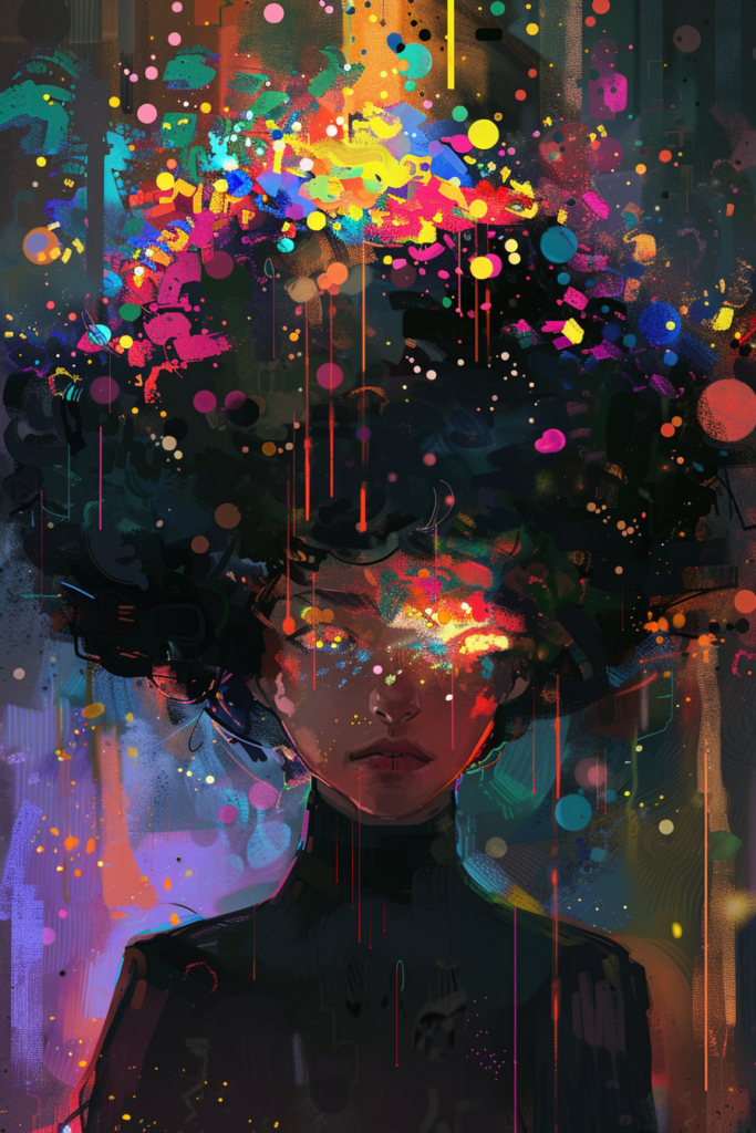 An abstract painting of a woman with colorful splatters on her head.