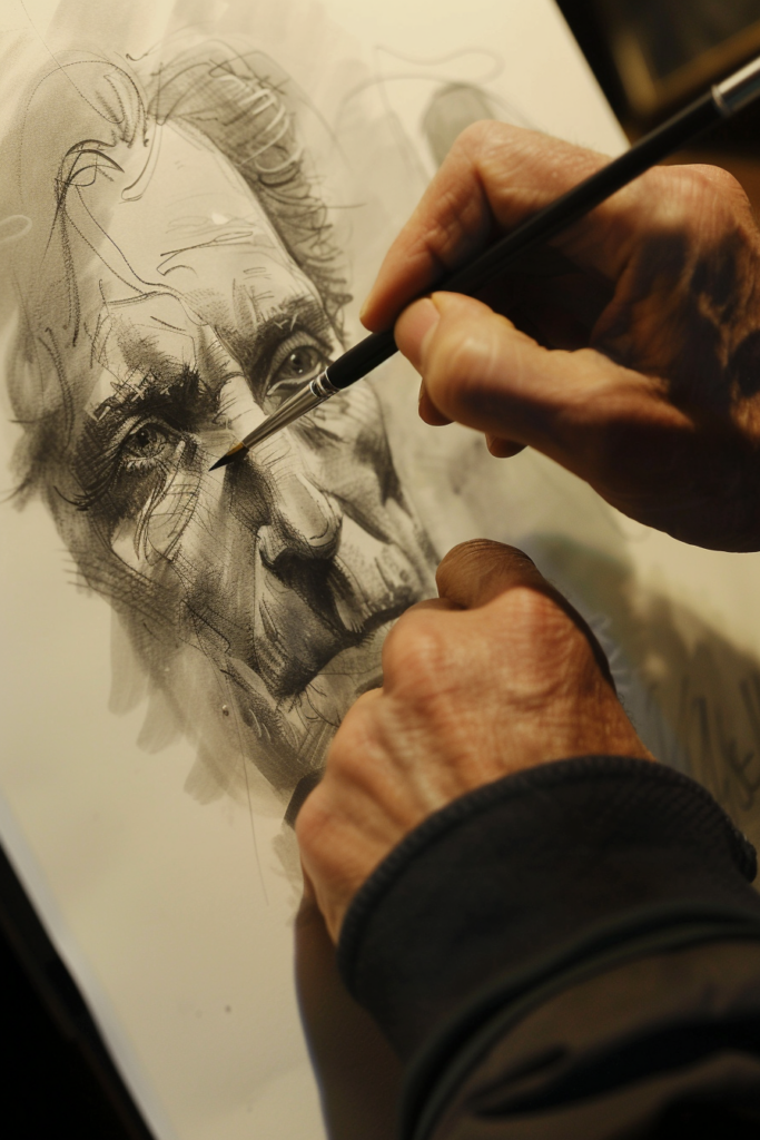A man is drawing a portrait of an old man.