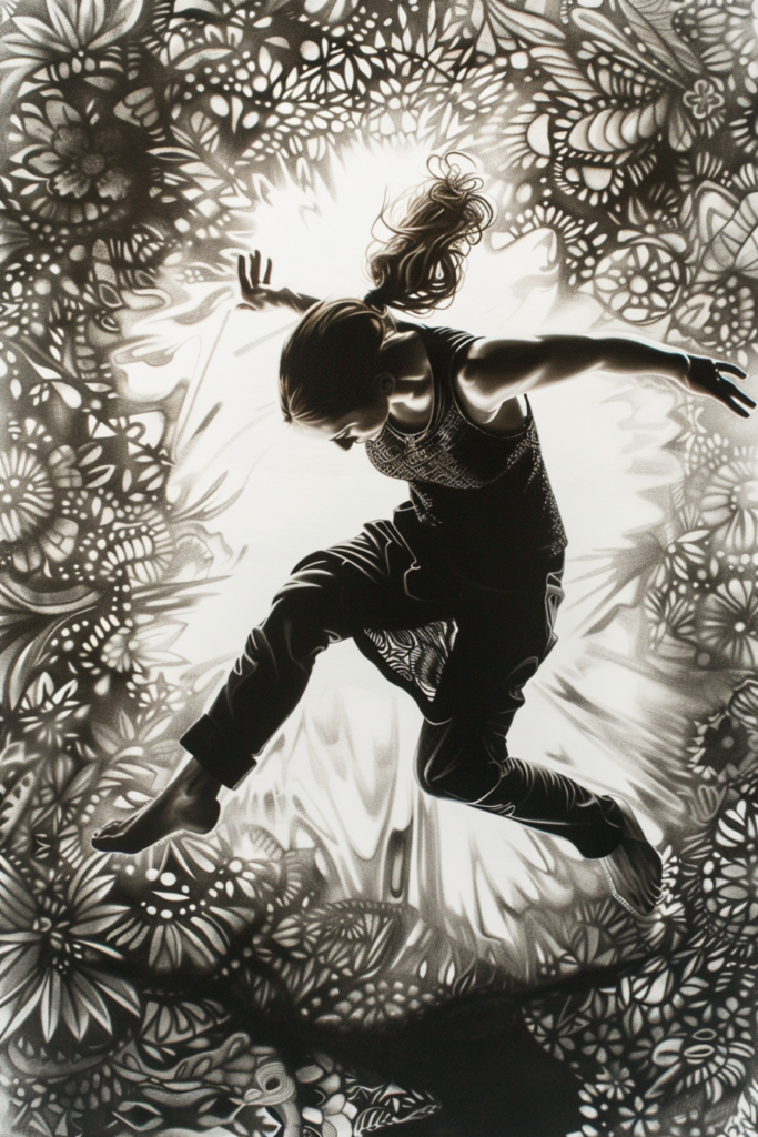A black and white drawing of a woman jumping.
