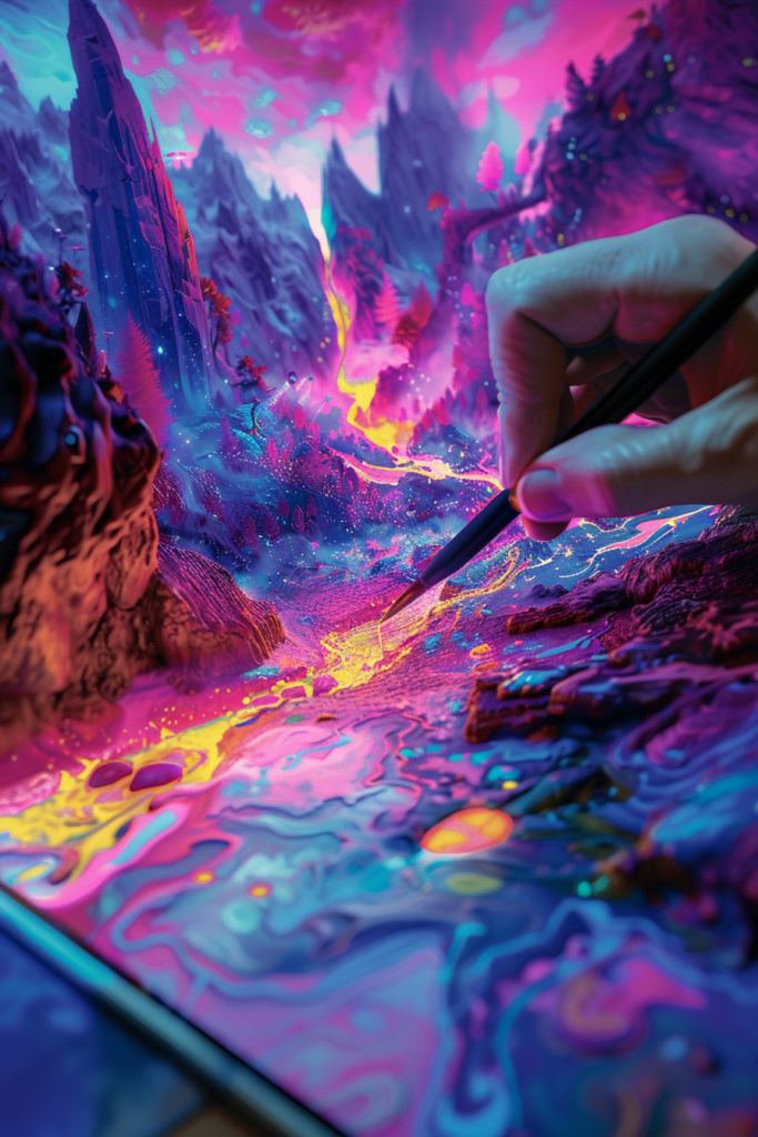 A hand painting a colorful landscape on a tablet.