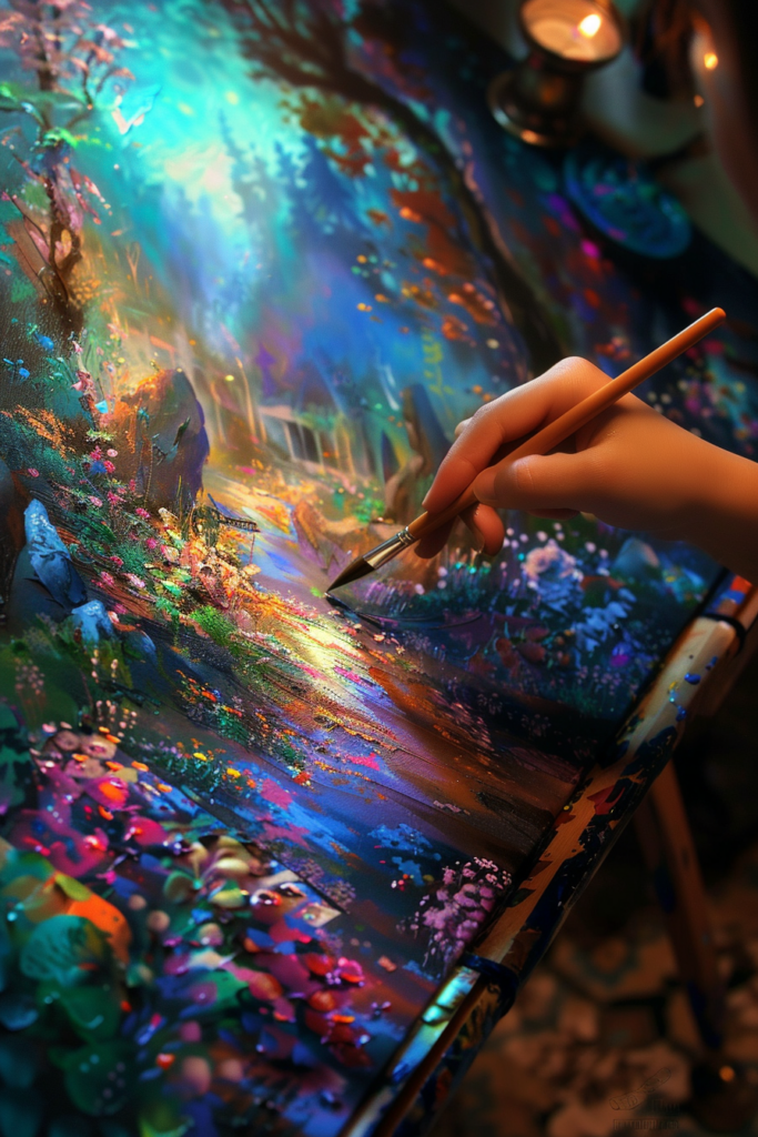 A woman is painting a painting of a forest.