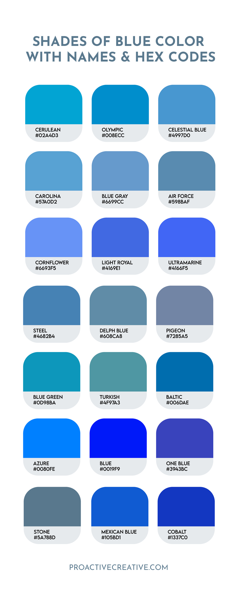 Shades of blue color with hex codes & names