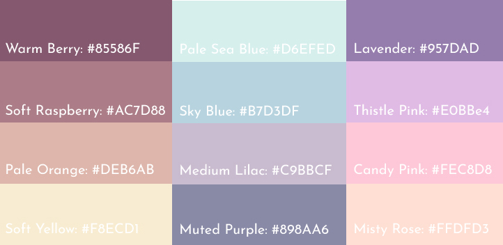 pastel color palette with hex codes