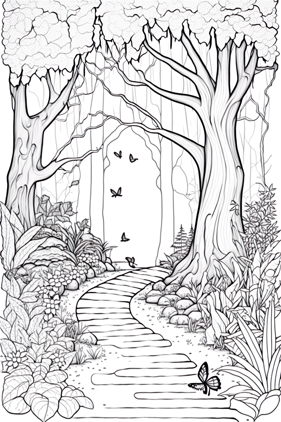 A black and white drawing of a path through a forest.