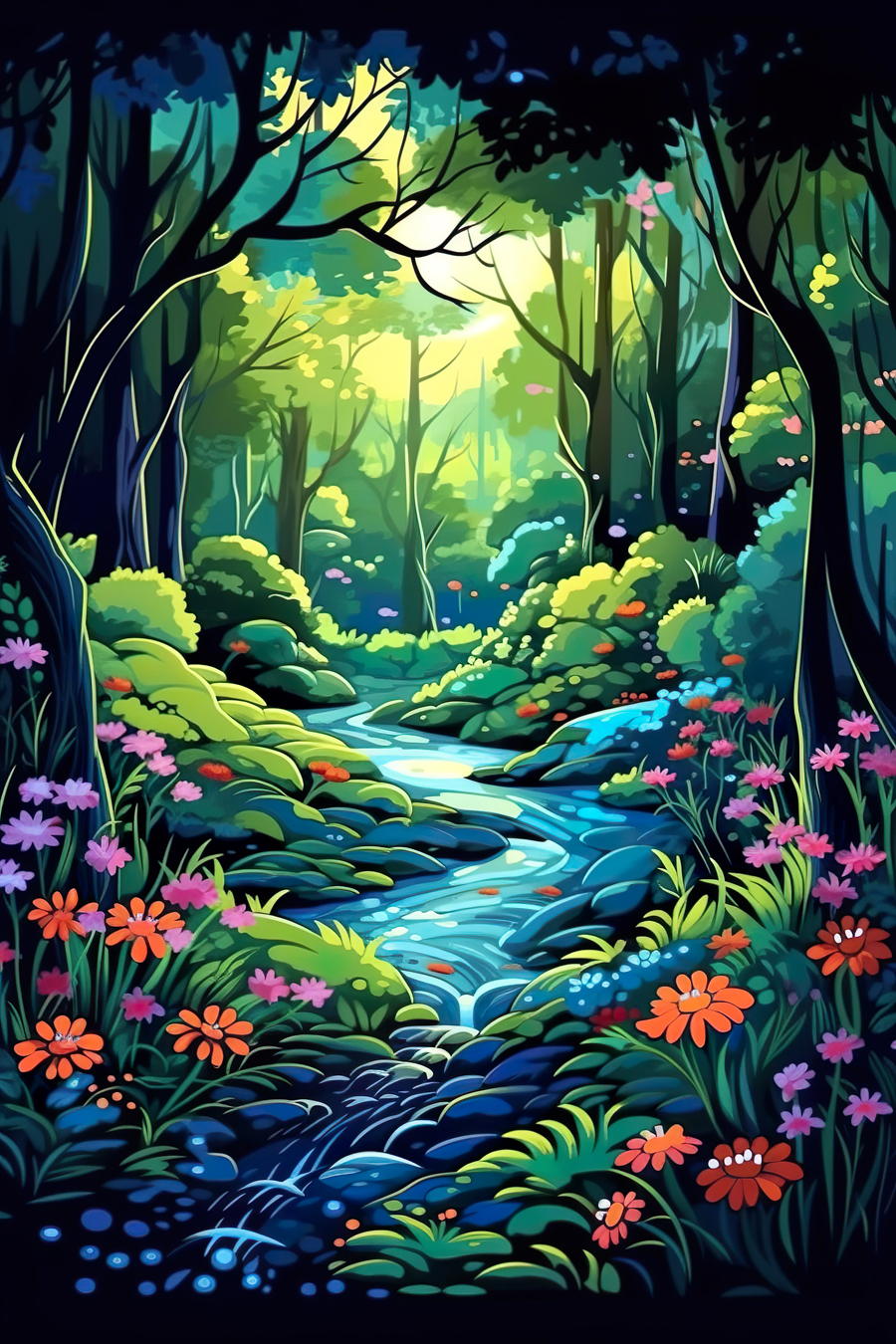 A painting of a forest with a stream and flowers.