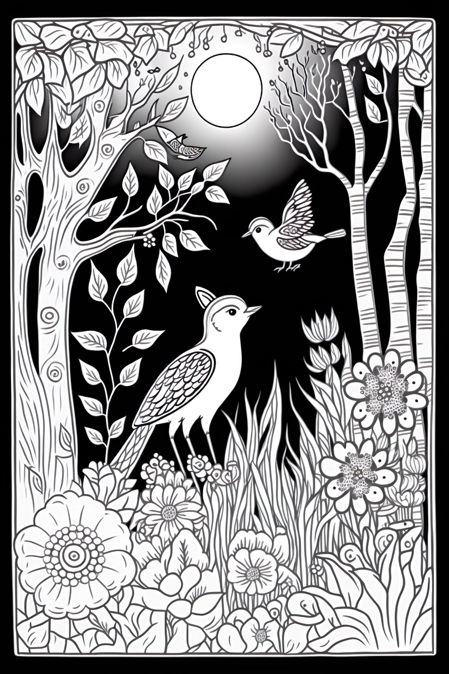 A black and white drawing of birds in a forest.