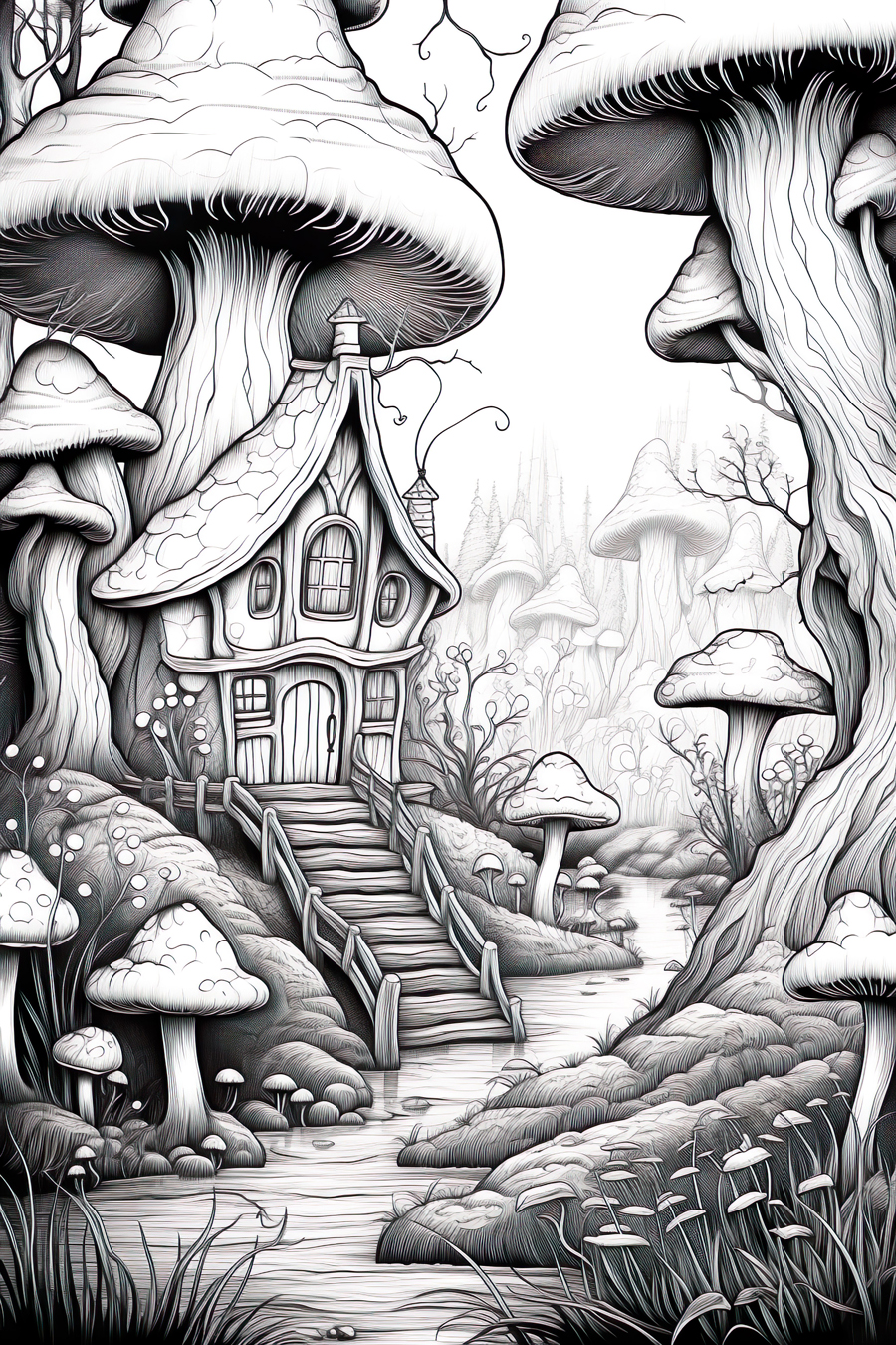 A black and white drawing of a house with mushrooms.