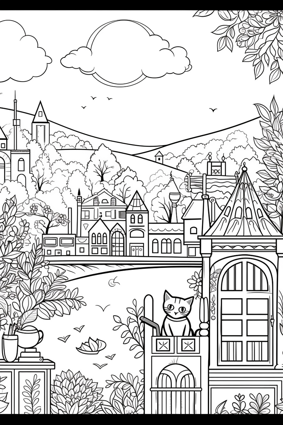 A black and white drawing of a city with a cat on top.