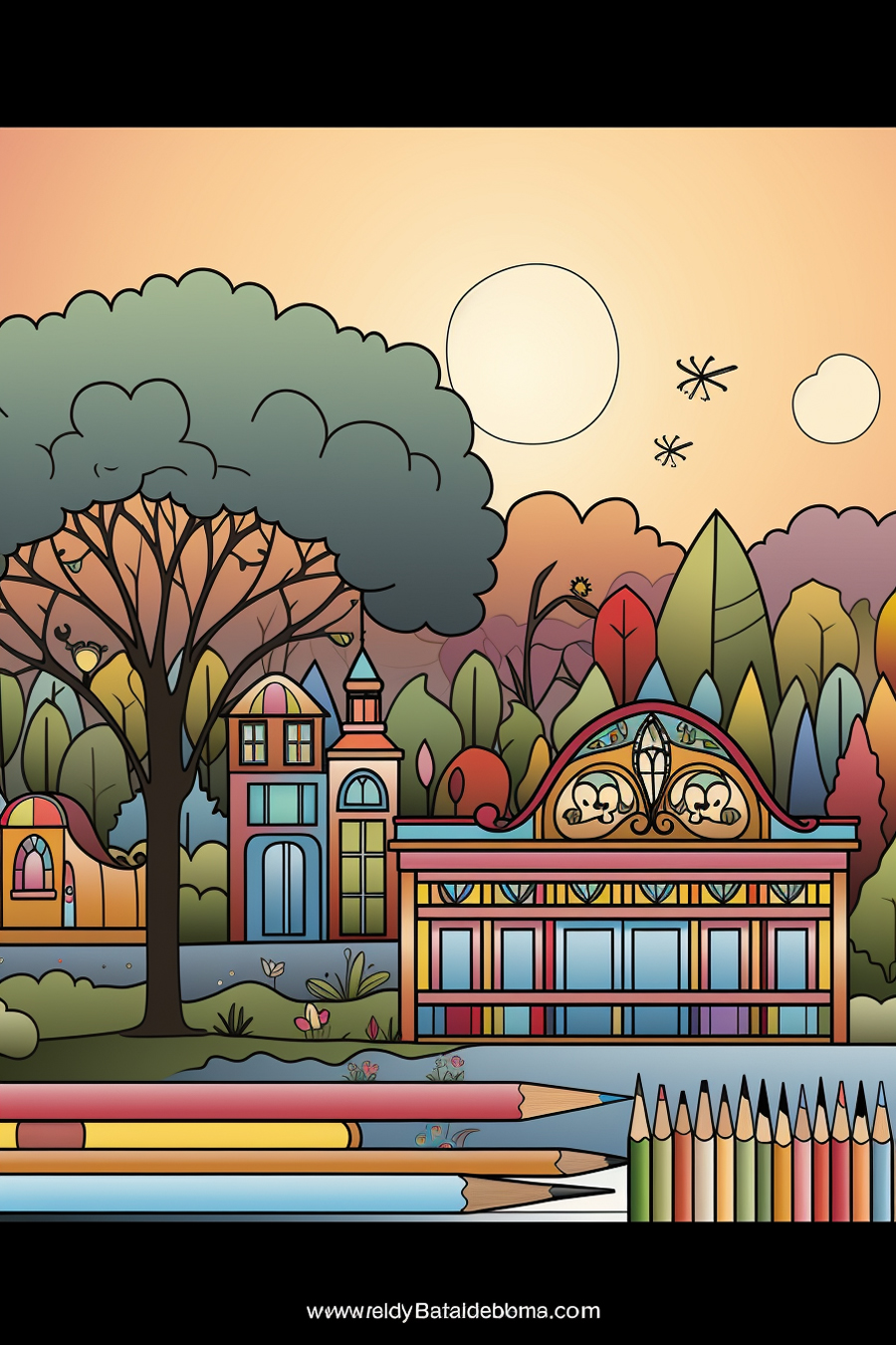 A coloring page with trees and buildings in the background.