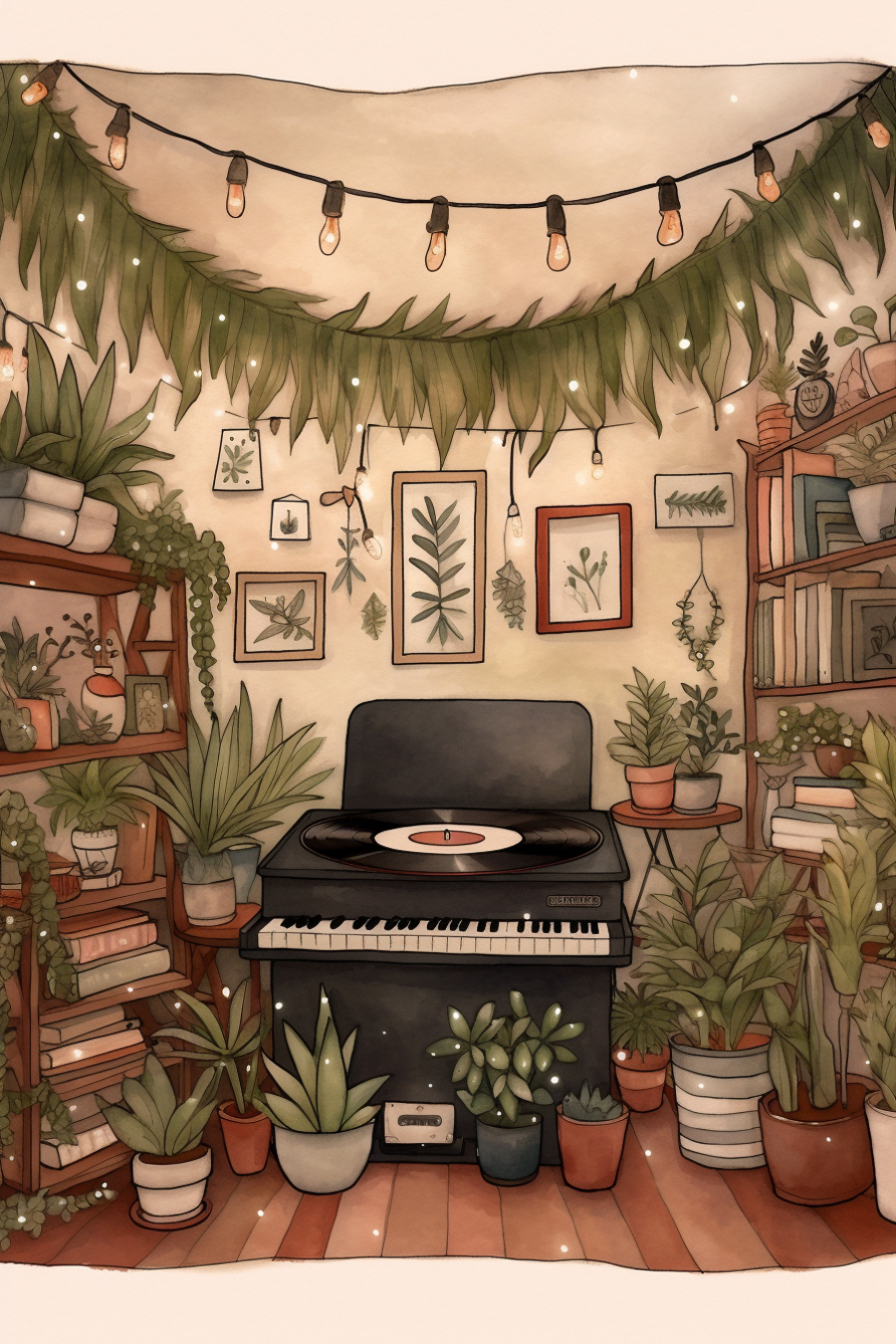A room with a piano and plants.
