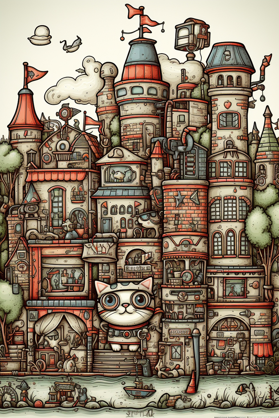 A drawing of a castle with a cat in it.