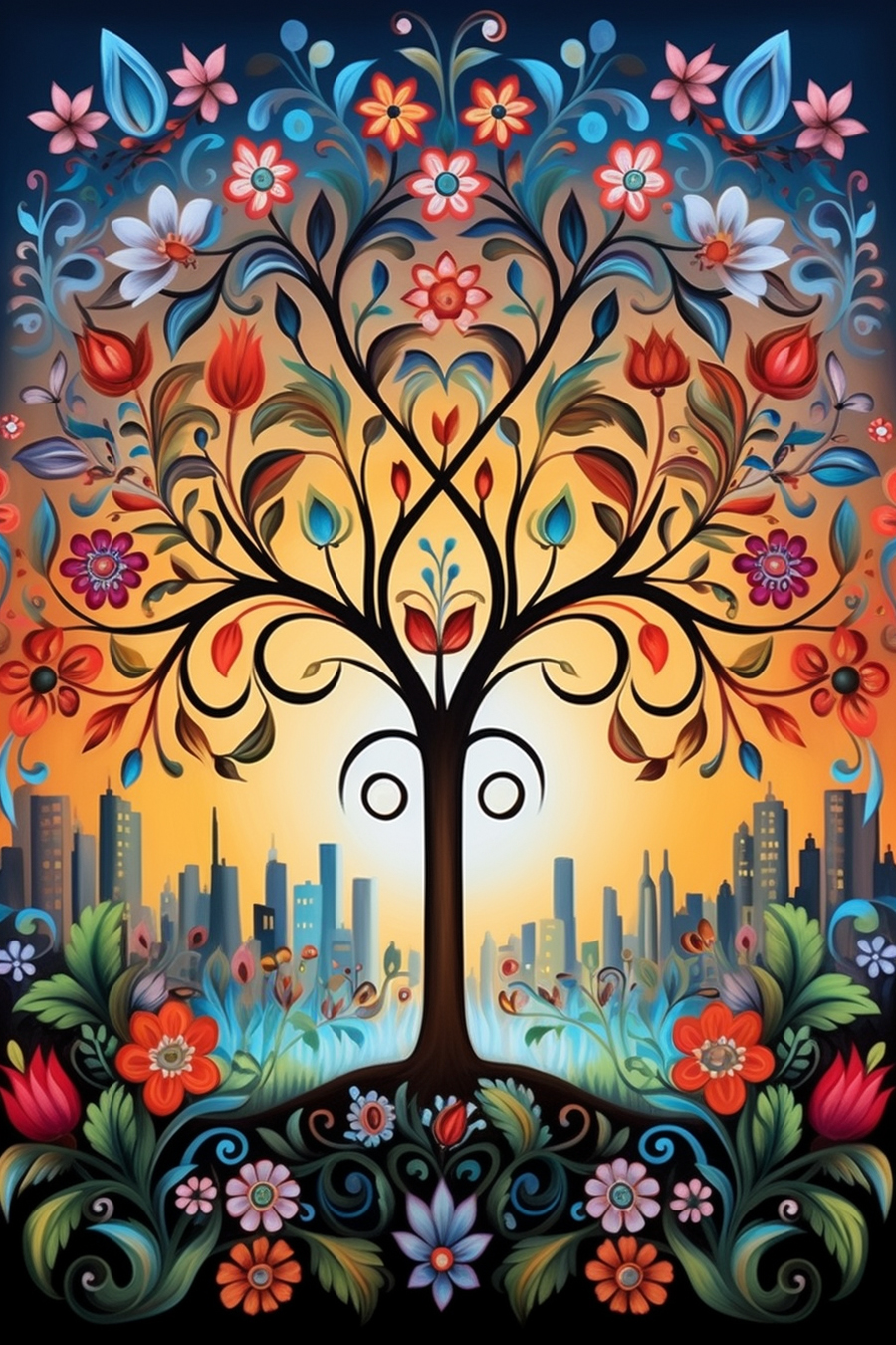 A painting of a tree with flowers and plants in front of a city.
