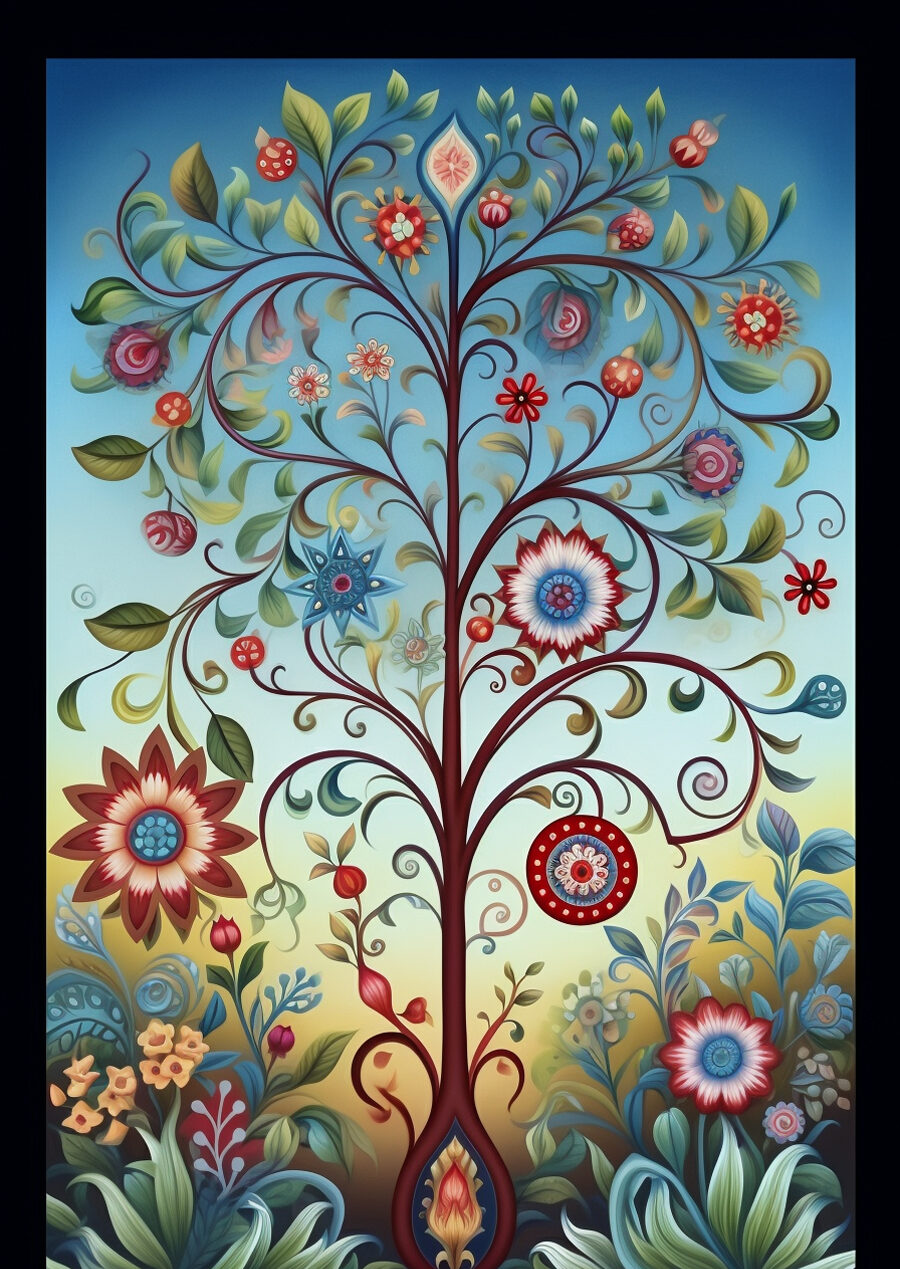 A painting of a tree with flowers.