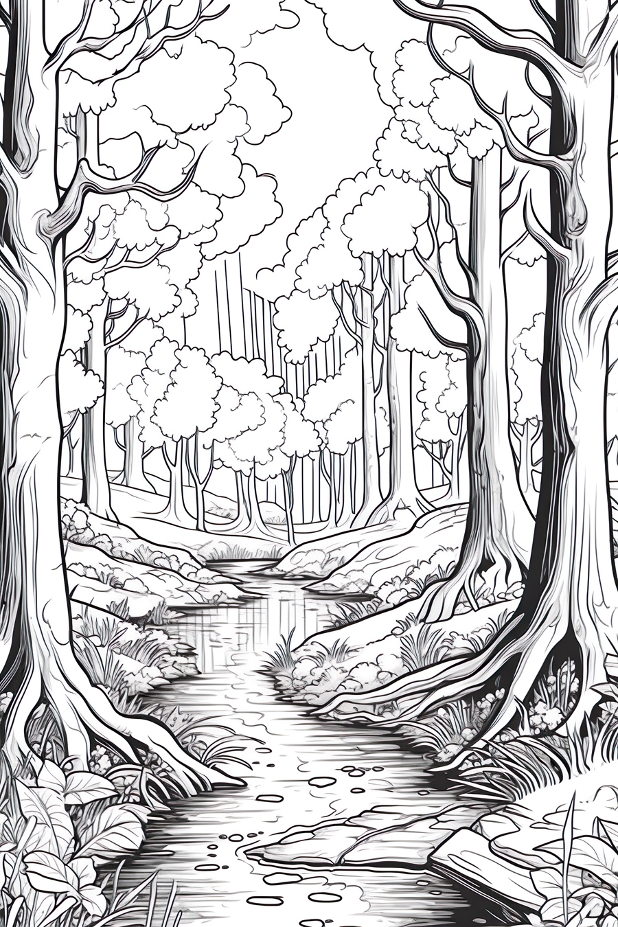 A black and white drawing of a stream in the forest.
