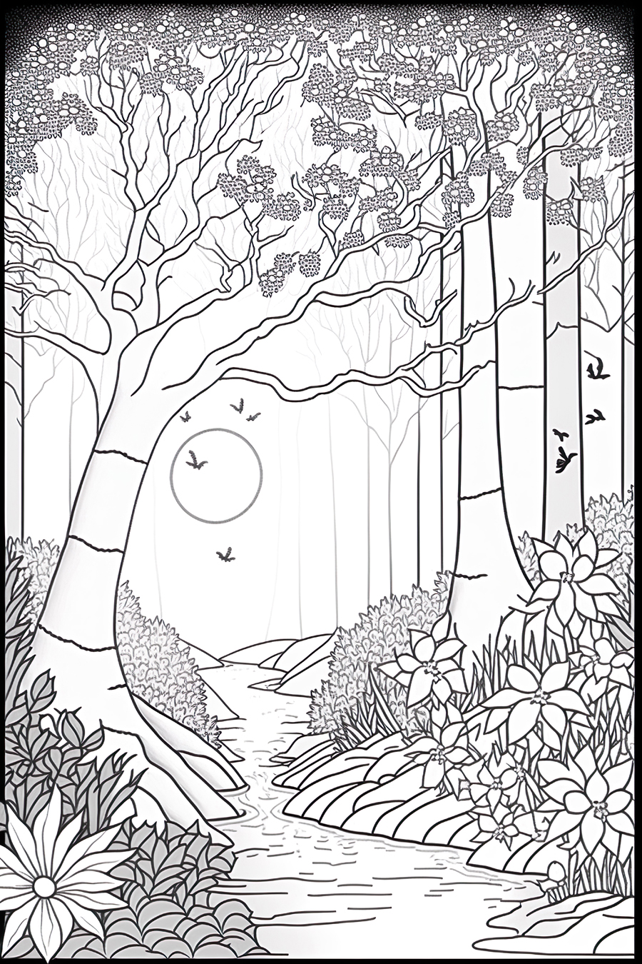 A black and white drawing of a forest with trees and birds.