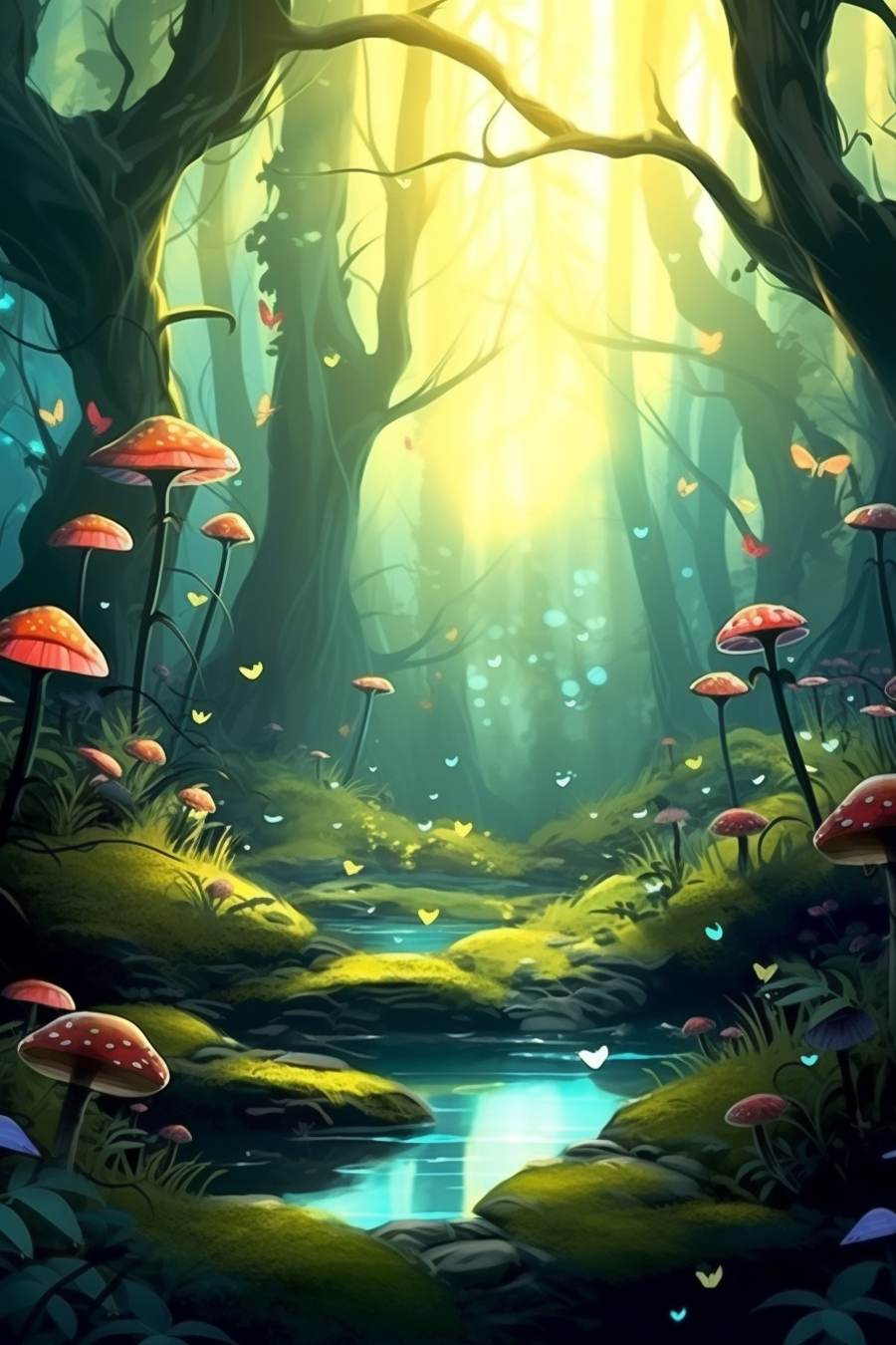 An illustration of a forest with mushrooms and a stream.