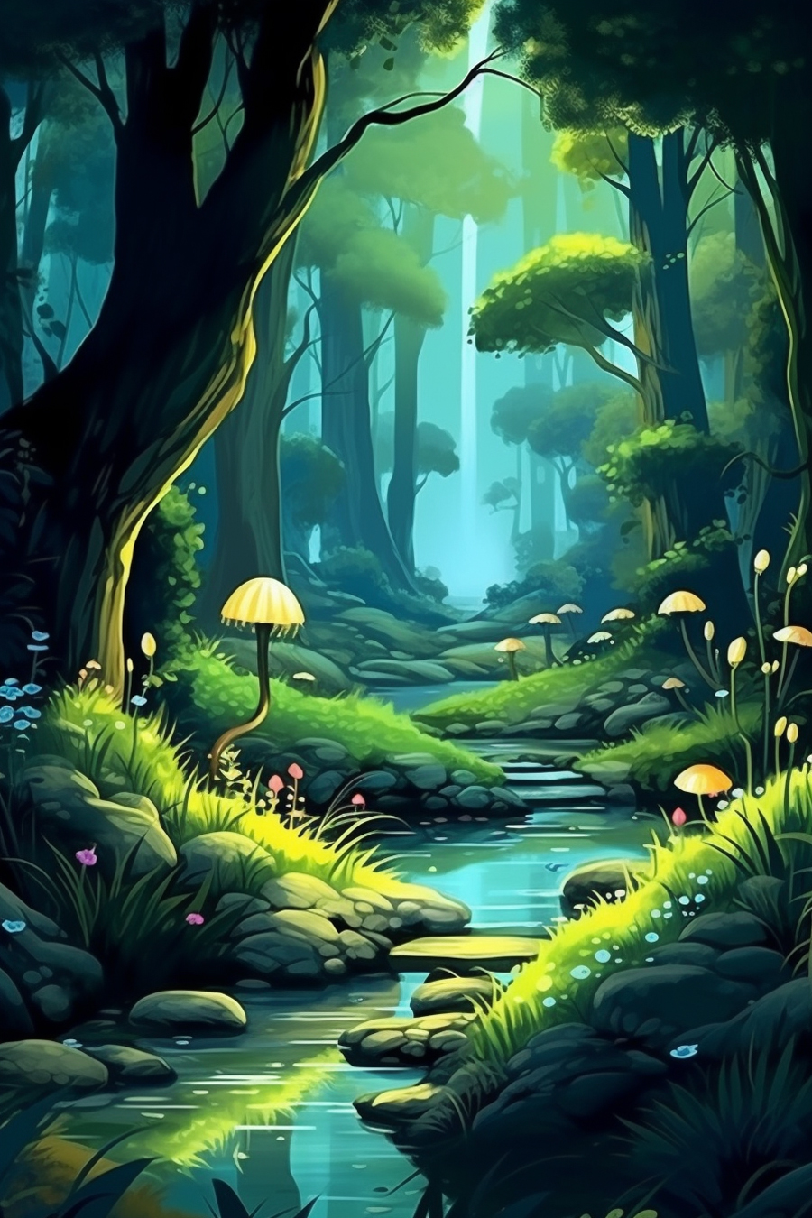 A cartoon forest scene with a stream and trees.