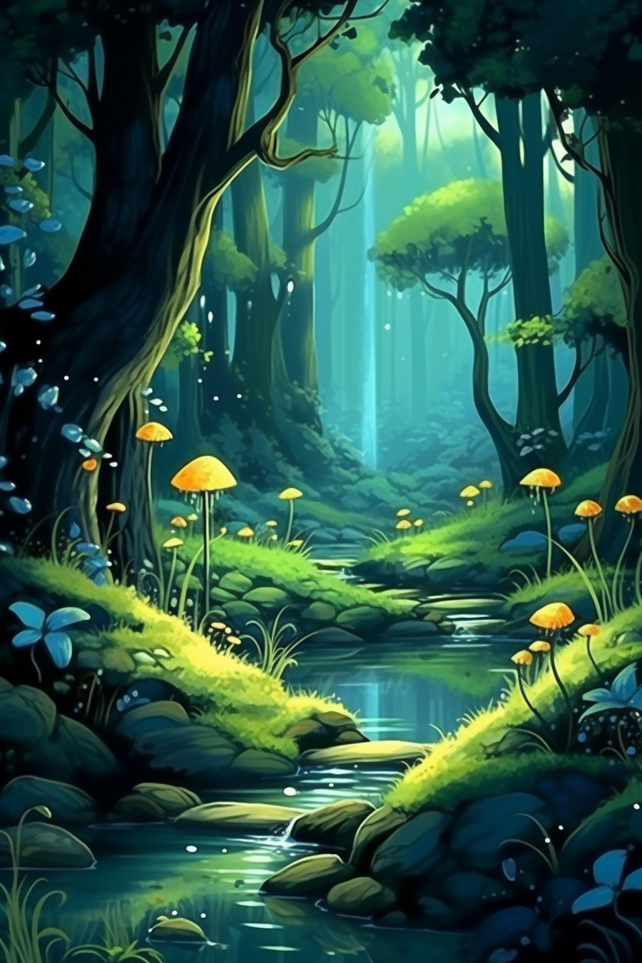 An illustration of a forest with a stream and mushrooms.
