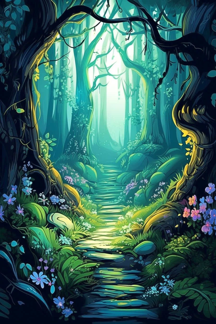 A path through a forest.
