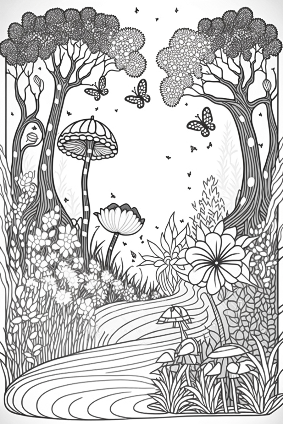 A black and white drawing of a forest with trees and butterflies.