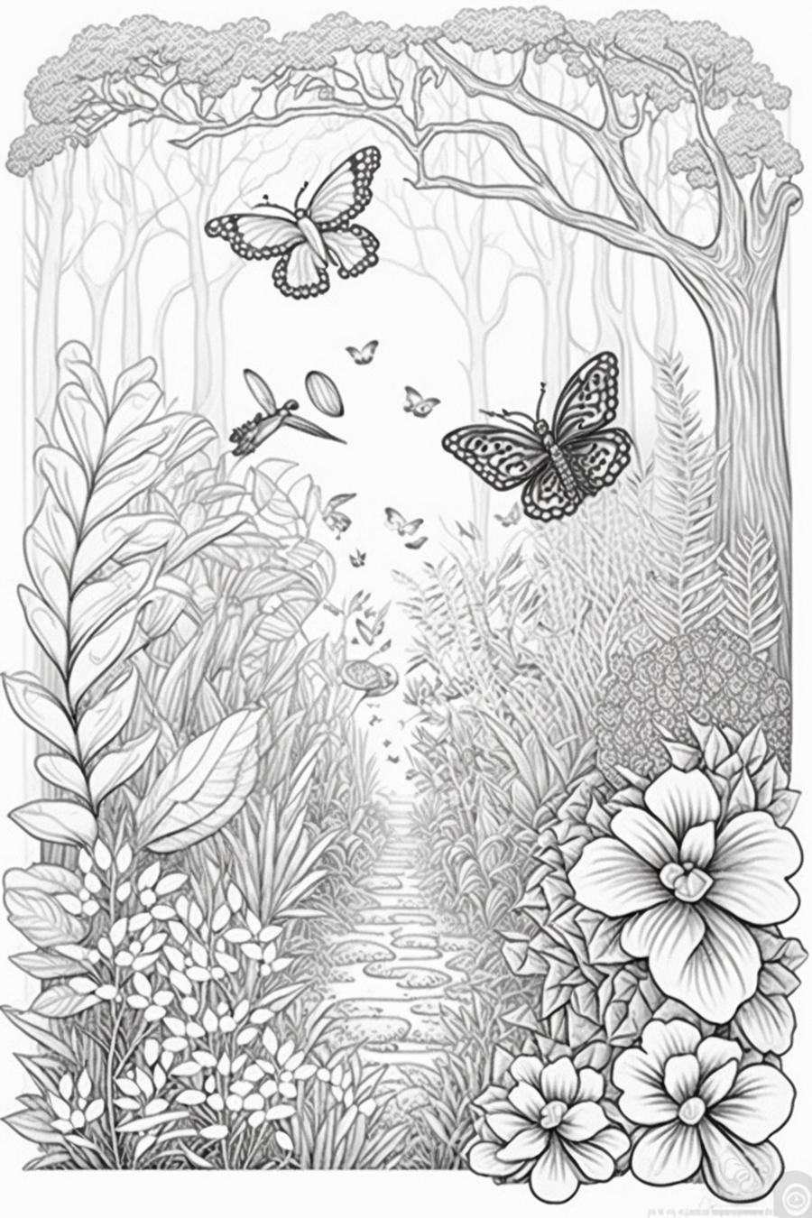 A black and white drawing of a forest with butterflies and flowers.