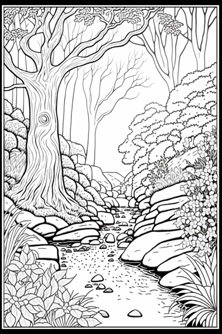 A black and white drawing of a stream in a forest.