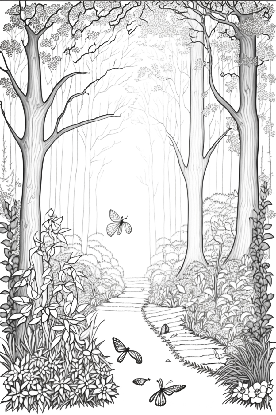 A black and white drawing of a path in the woods.