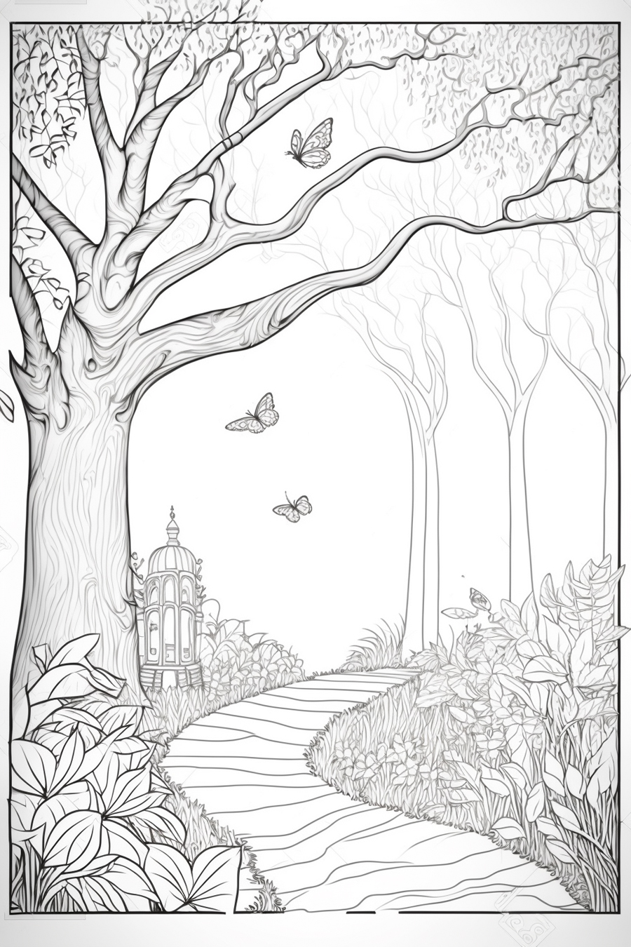 A black and white coloring page with a tree and a path.