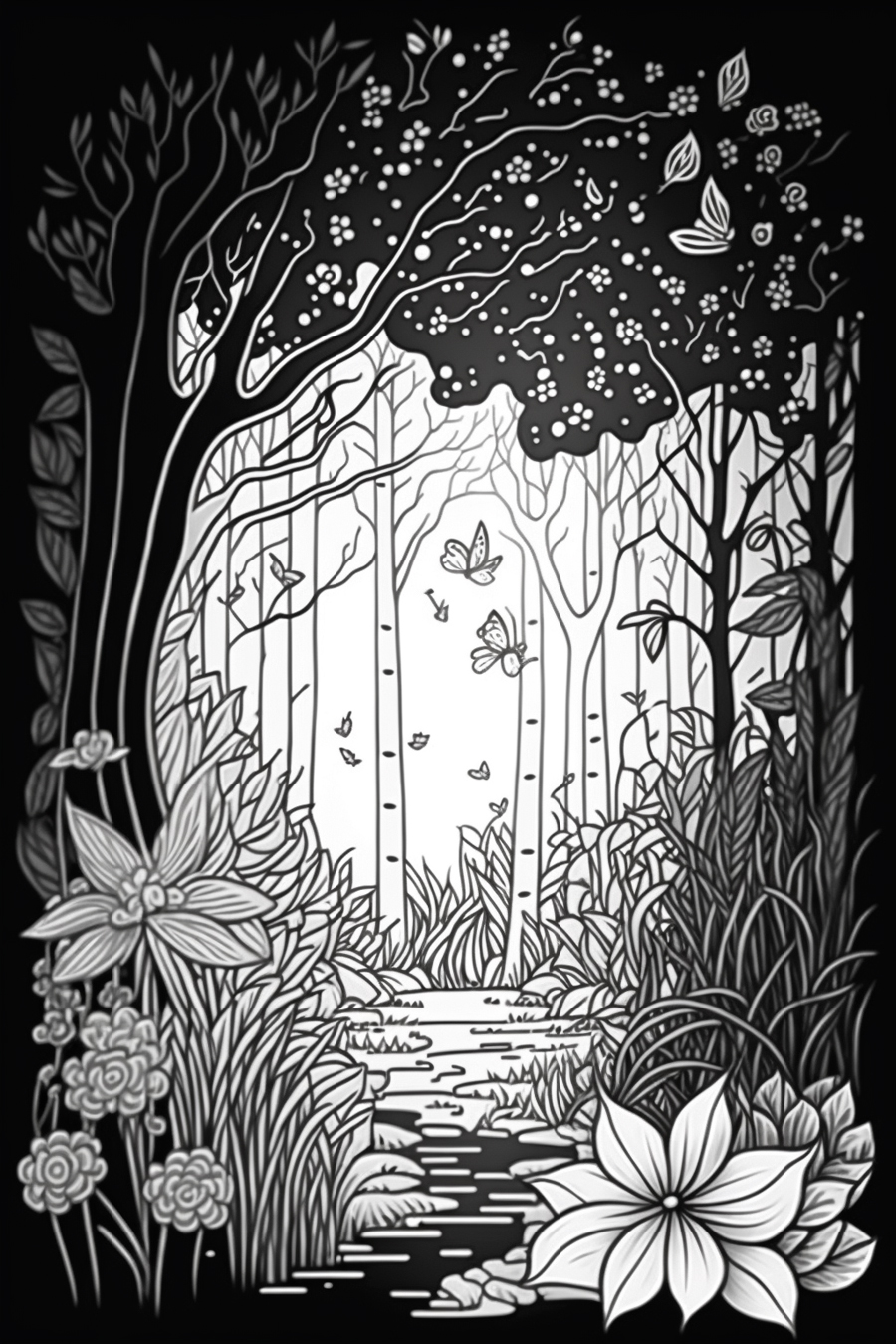 A black and white drawing of a forest with trees and flowers.