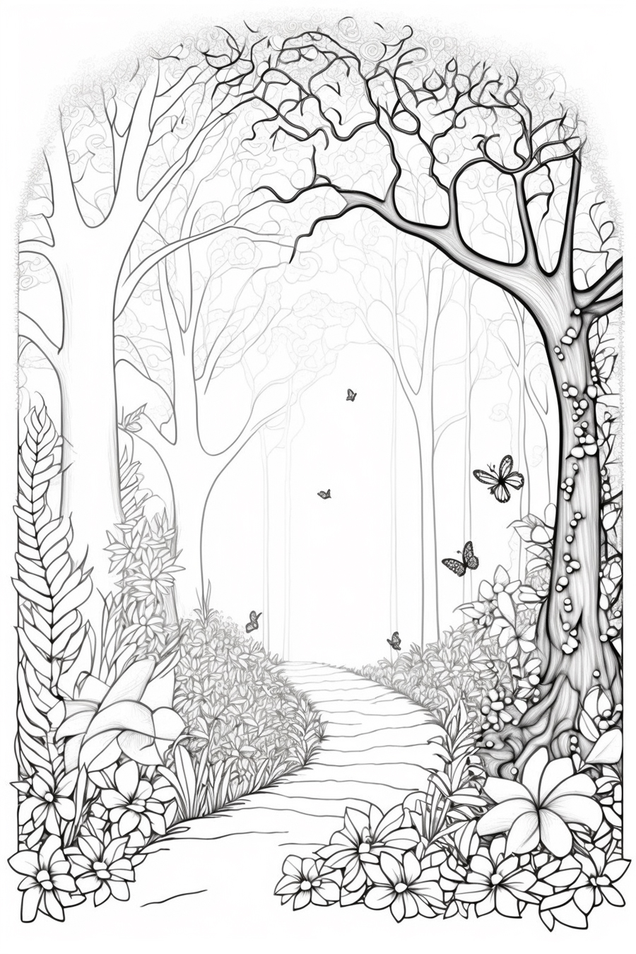 A black and white drawing of a path in the forest.