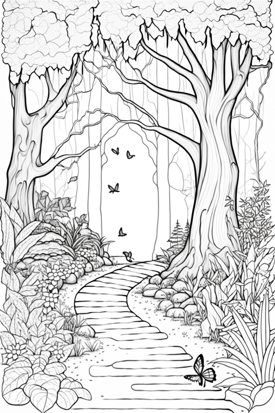A coloring page with a path in the forest.