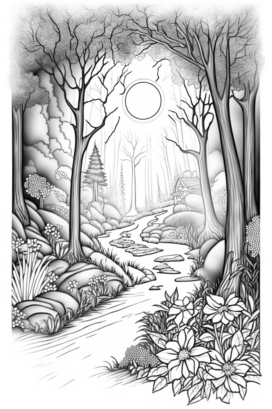 A black and white drawing of a forest.
