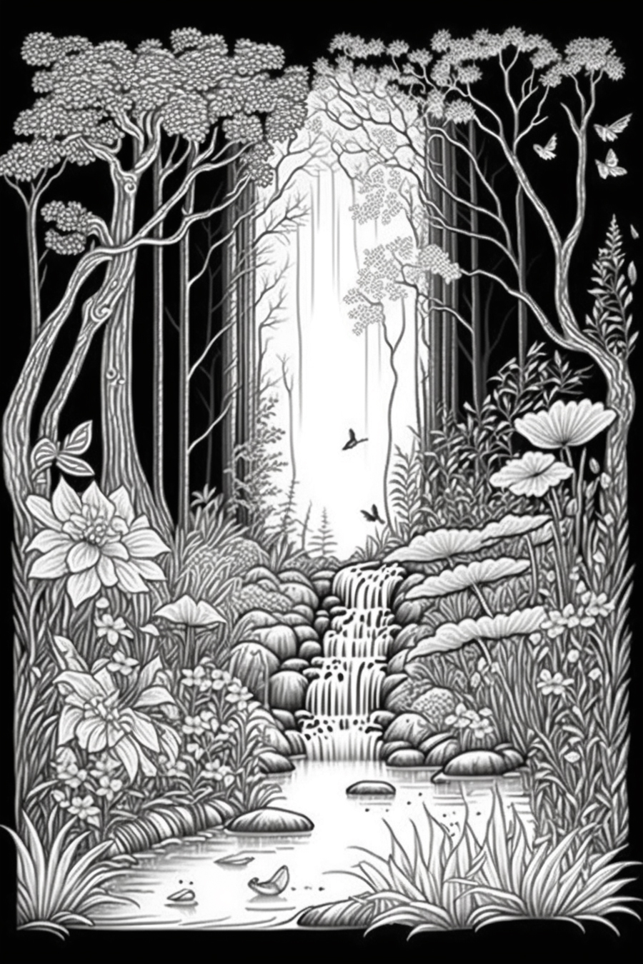 A black and white drawing of a waterfall in the forest.