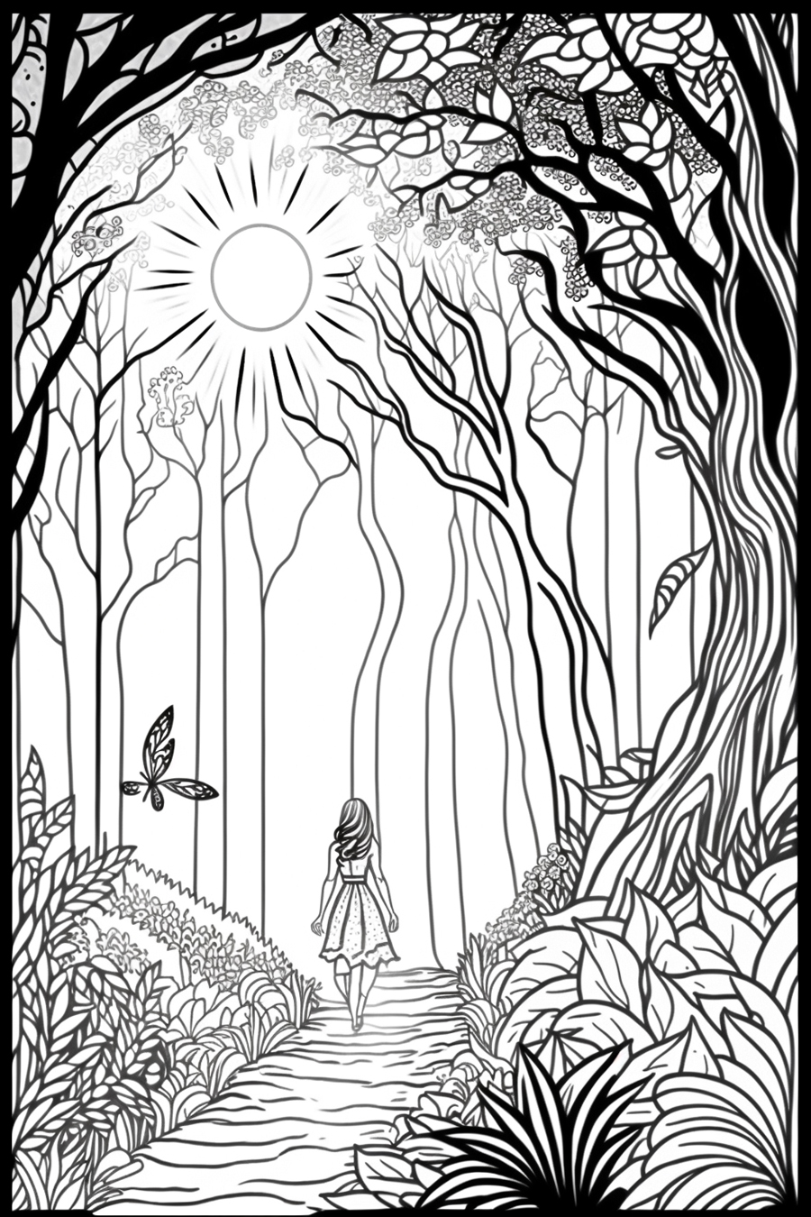 A black and white drawing of a girl walking through the forest.