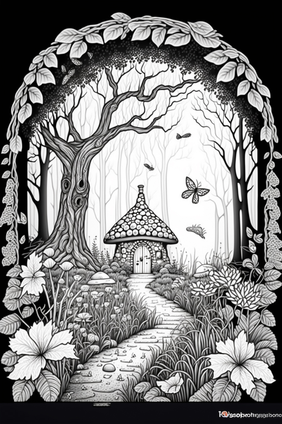 A black and white drawing of a fairy house.