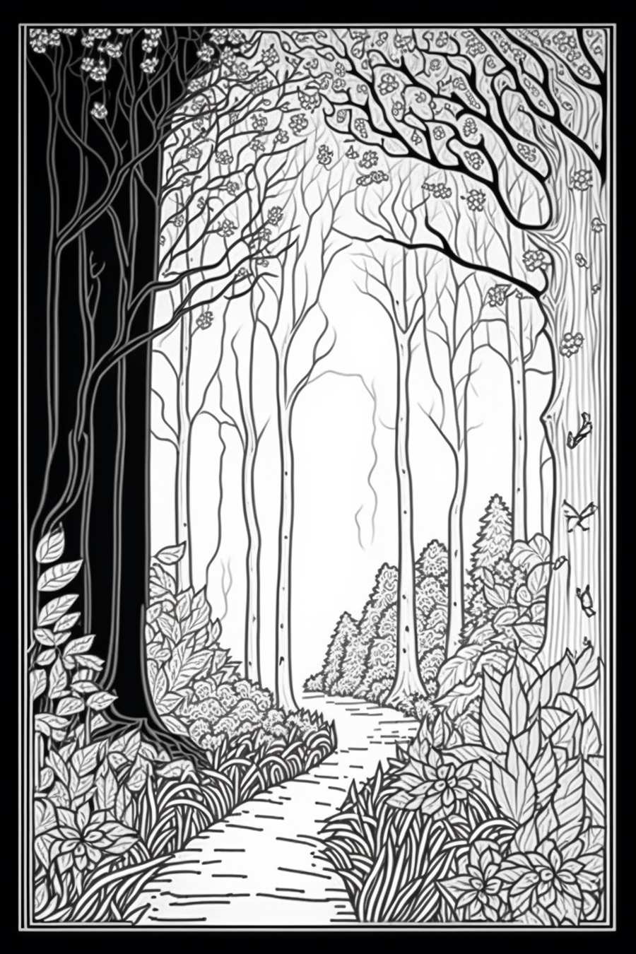 A black and white drawing of a forest path.