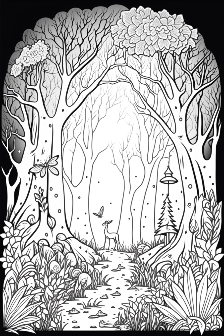 A black and white drawing of a deer in the forest.