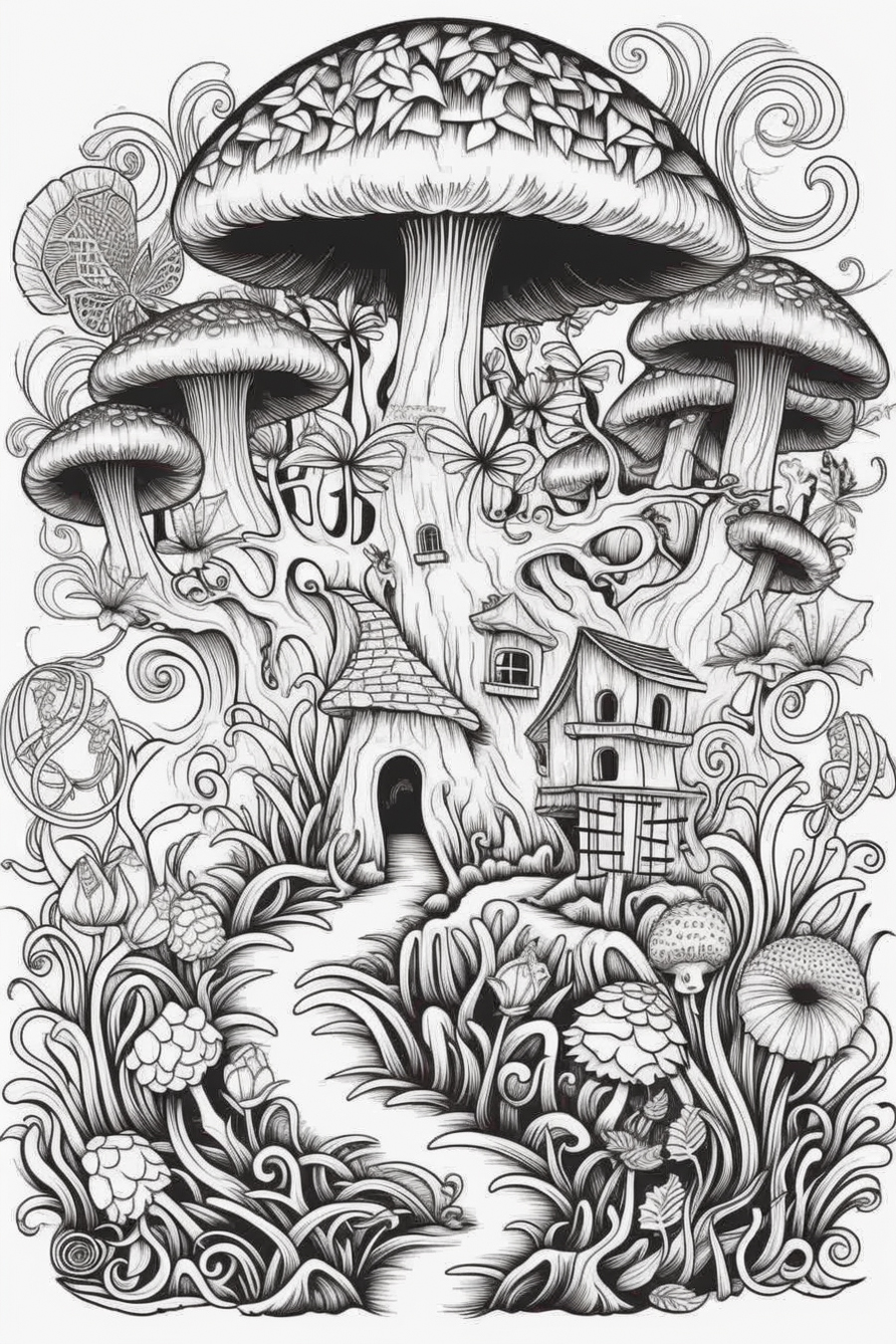A drawing of a tree house and mushrooms.