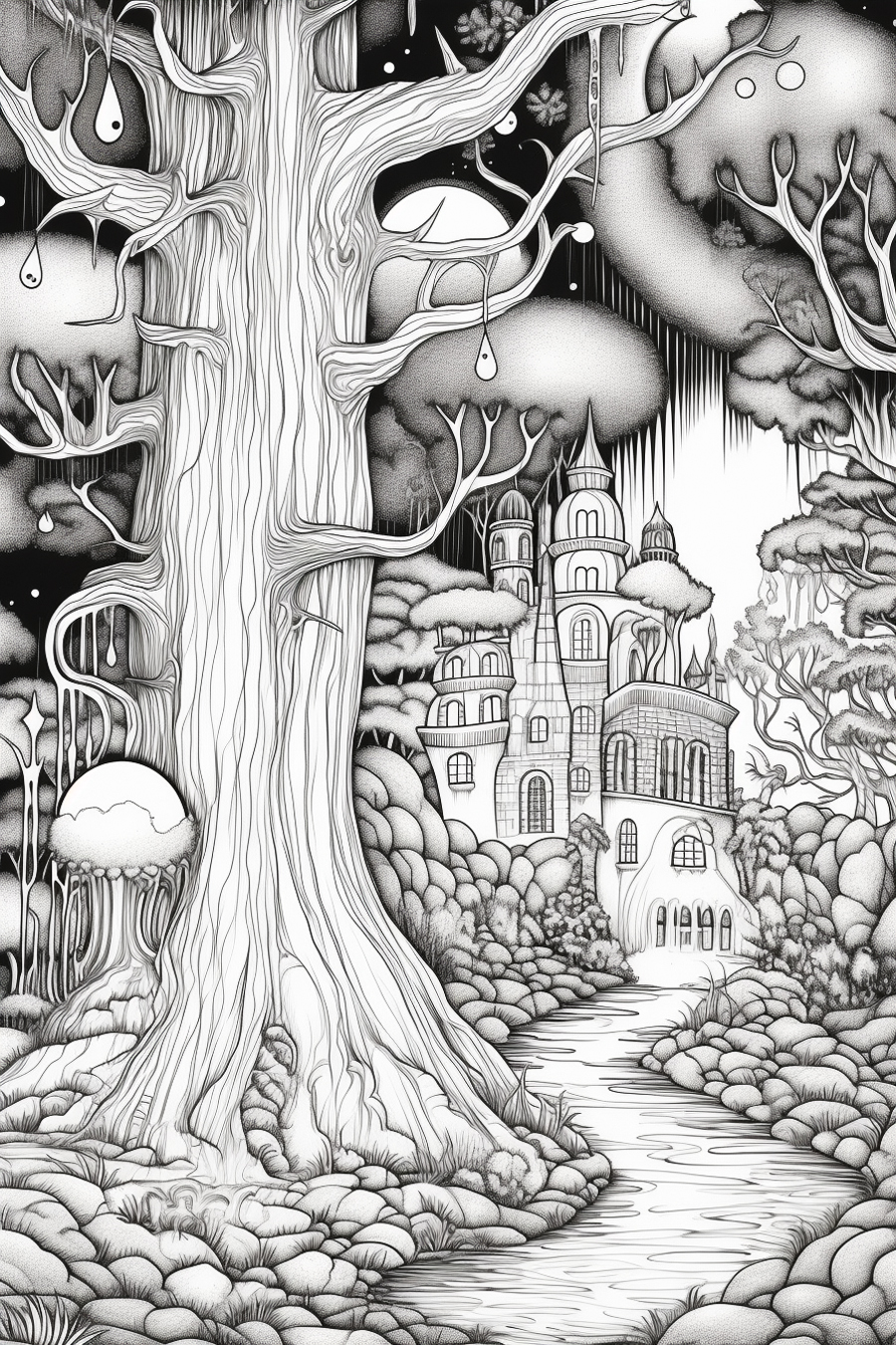 A black and white drawing of a castle in the forest.