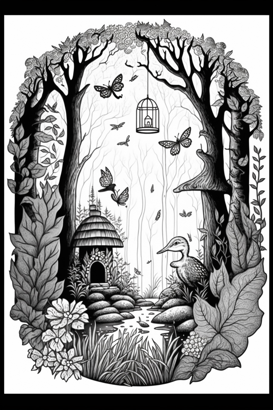 A black and white drawing of a house in the forest.
