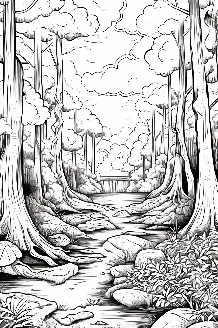 A black and white drawing of a river running through a forest.