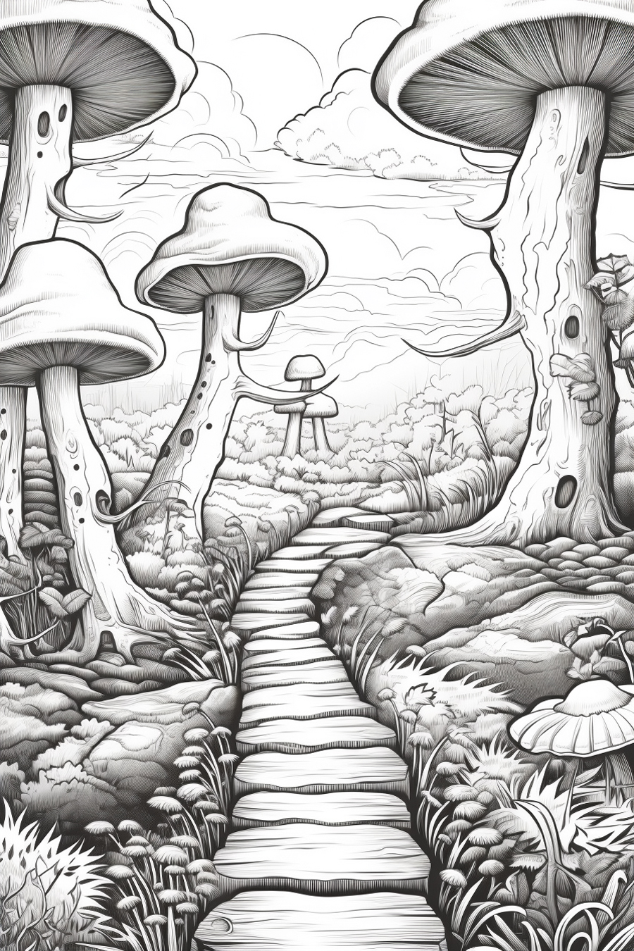 A drawing of a path in a forest.
