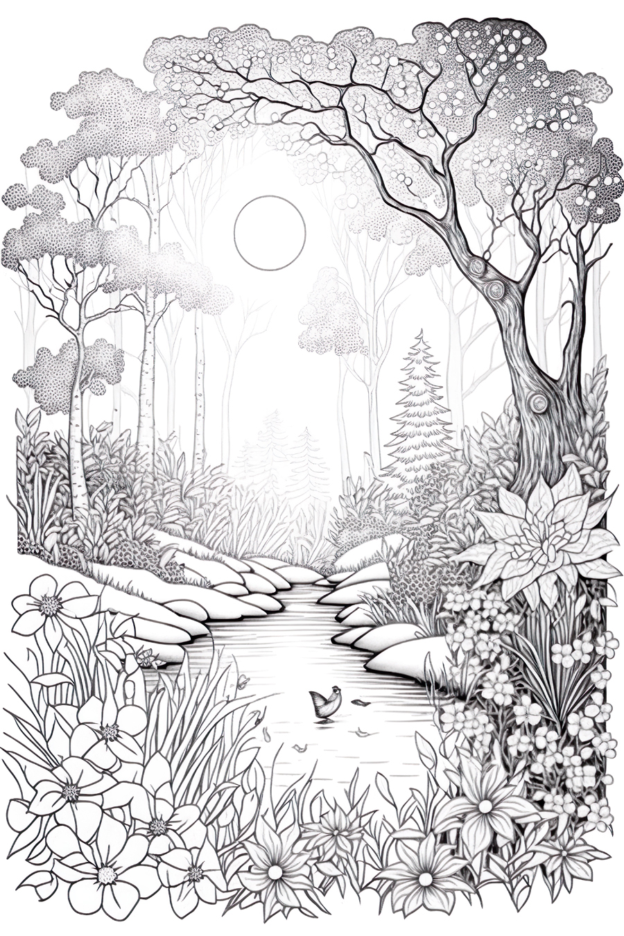 A black and white drawing of a stream in the forest.