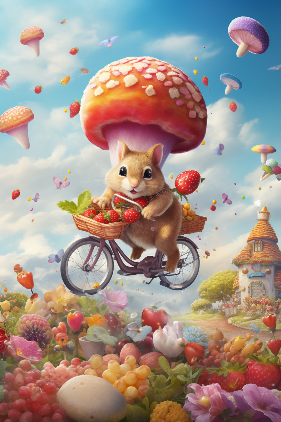 A squirrel riding a bicycle with a basket of strawberries and a mushroom.