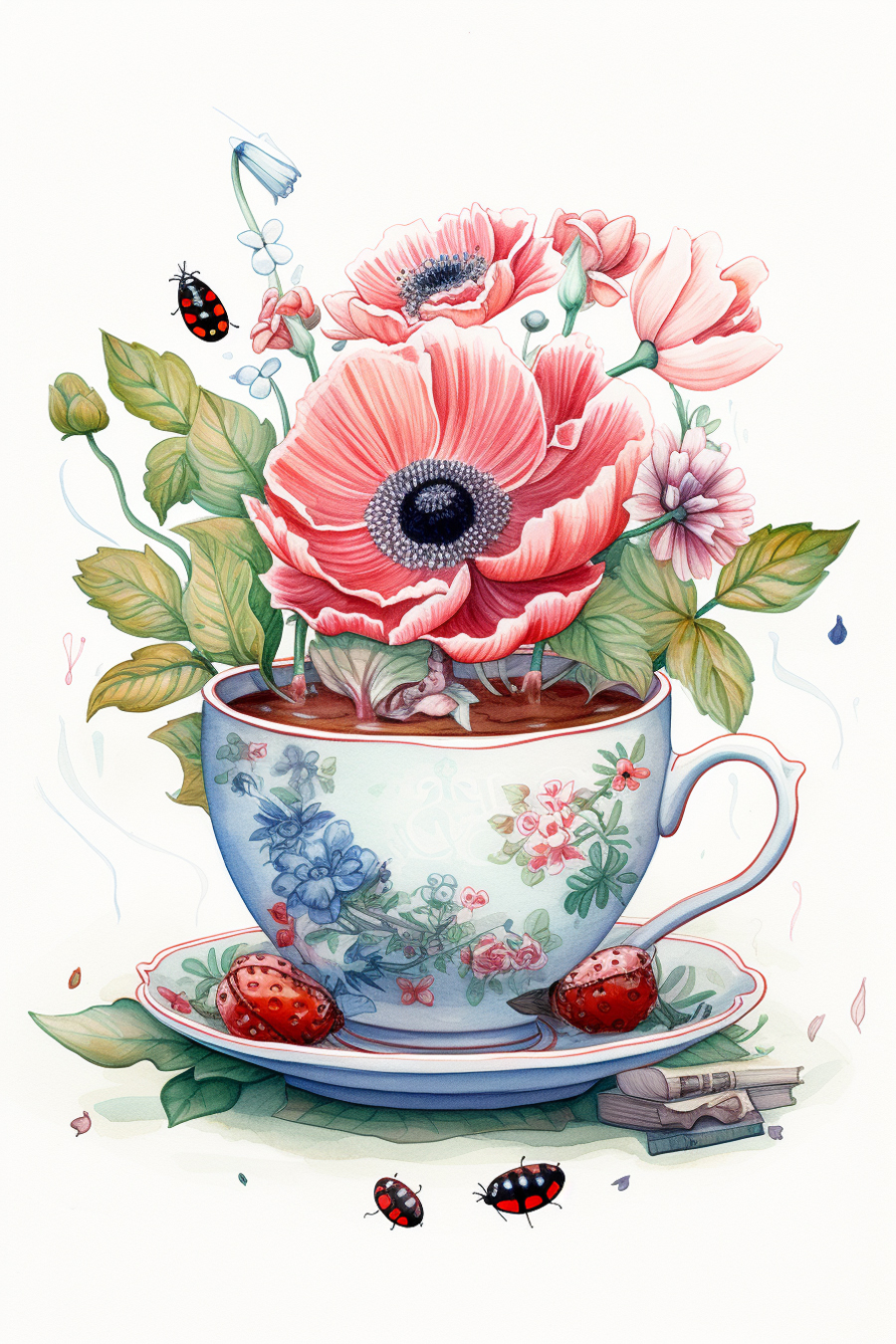 A watercolor painting of flowers in a tea cup.