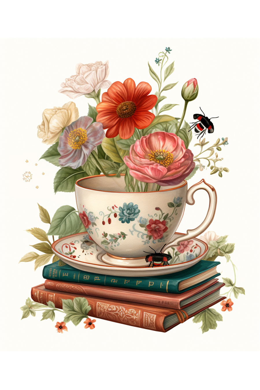 A tea cup with flowers on top of books.