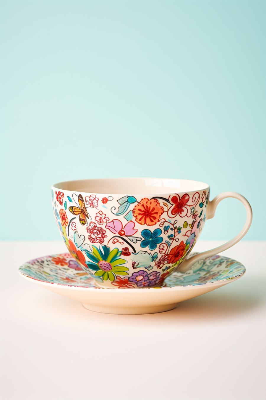 A colorful tea cup and saucer on a blue background.