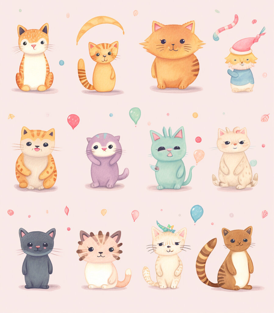 A set of watercolor cats on a pink background.