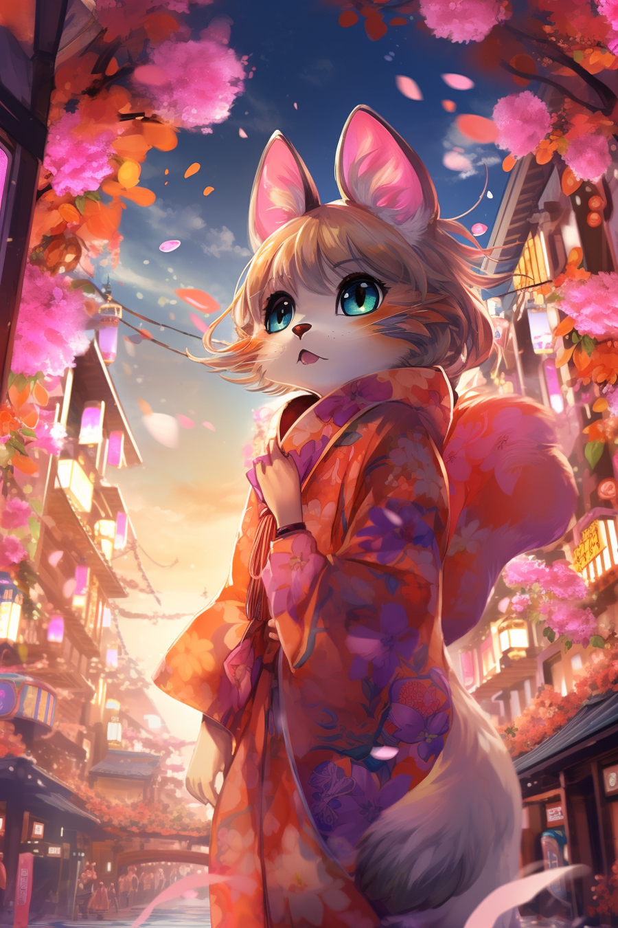 A cartoon of a cat in a kimono.